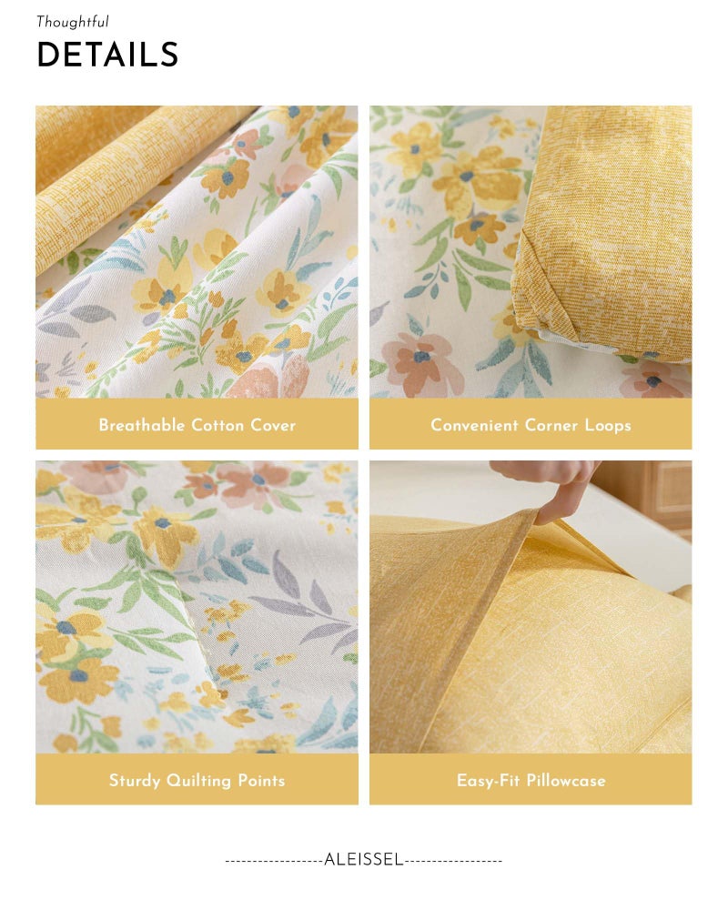 ALEISSEL Natural Cotton 3pcs Floral Comforter Sets King Size-Yellow Comforter with Pink & Yellow Flowers and Blue & Green Leaves on White  Reversible Lightweight Bedding Sets(King 104""?90"") - Image 5